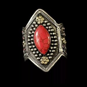 Afghan KUCHI German Silver cuff, Antique, Rare Boho/Tribal/Punk/ Festival, Coral
